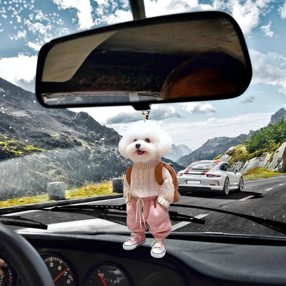 Puppy with Backpack Acrylic Car Pendant, Cute Rearview Mirror Charm