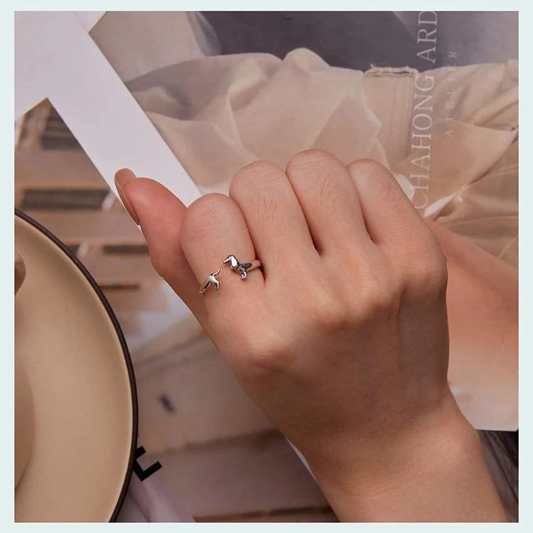925 Silver Dachshund Dog Ring, Adjustable Open Band, Animal Jewellery Gift