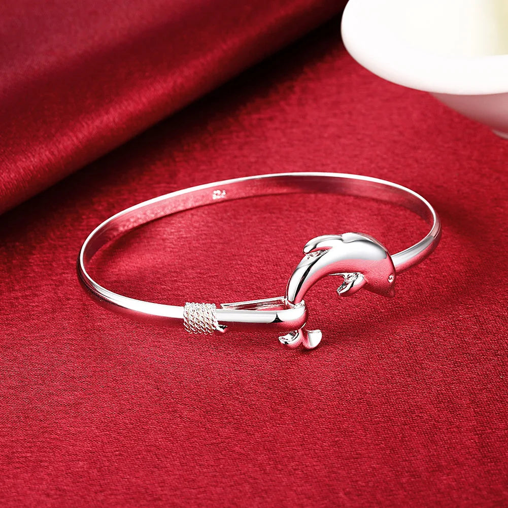 925 Sterling Silver Dolphin Bangle, Adjustable, Cute Gift for Women and Girls