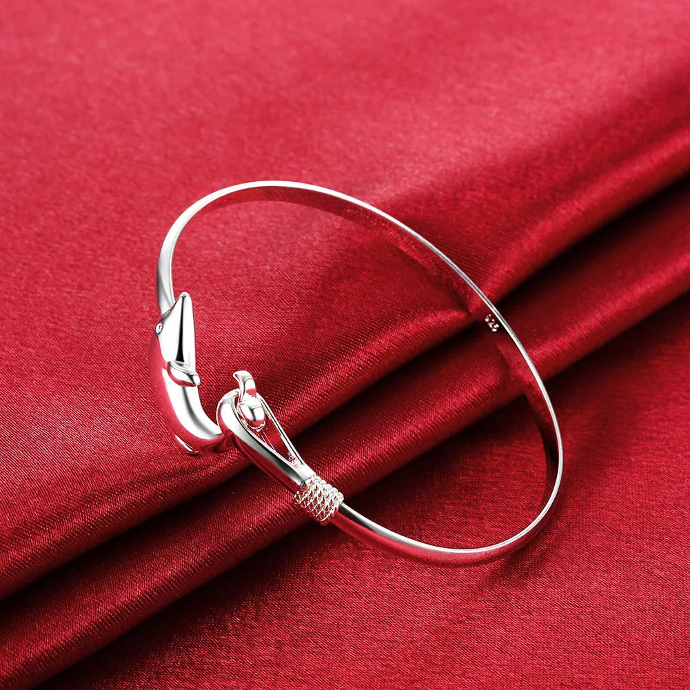 925 Sterling Silver Dolphin Bangle, Adjustable, Cute Gift for Women and Girls