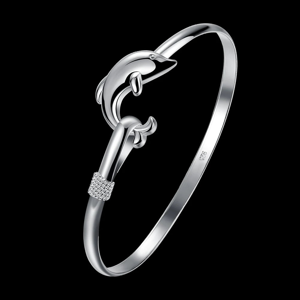 925 Sterling Silver Dolphin Bangle, Adjustable, Cute Gift for Women and Girls