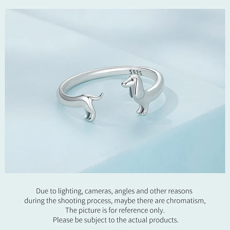 925 Silver Dachshund Dog Ring, Adjustable Open Band, Animal Jewellery Gift