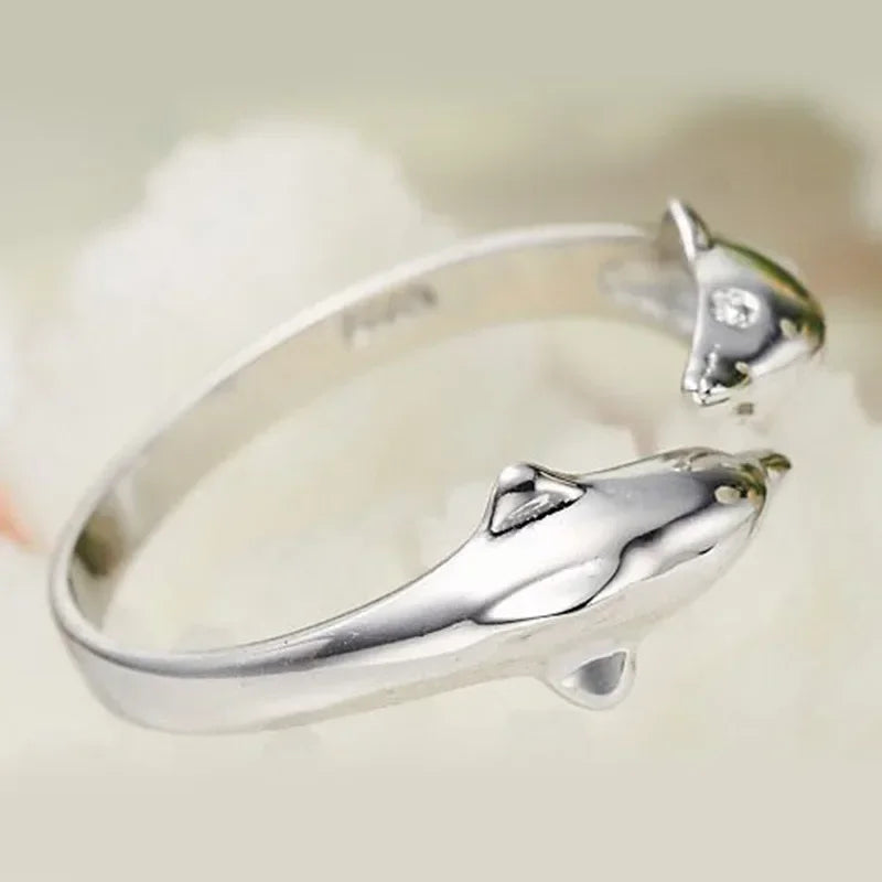 925 Silver Double Dolphin Ring, Adjustable Open Band, Love Gift for Women