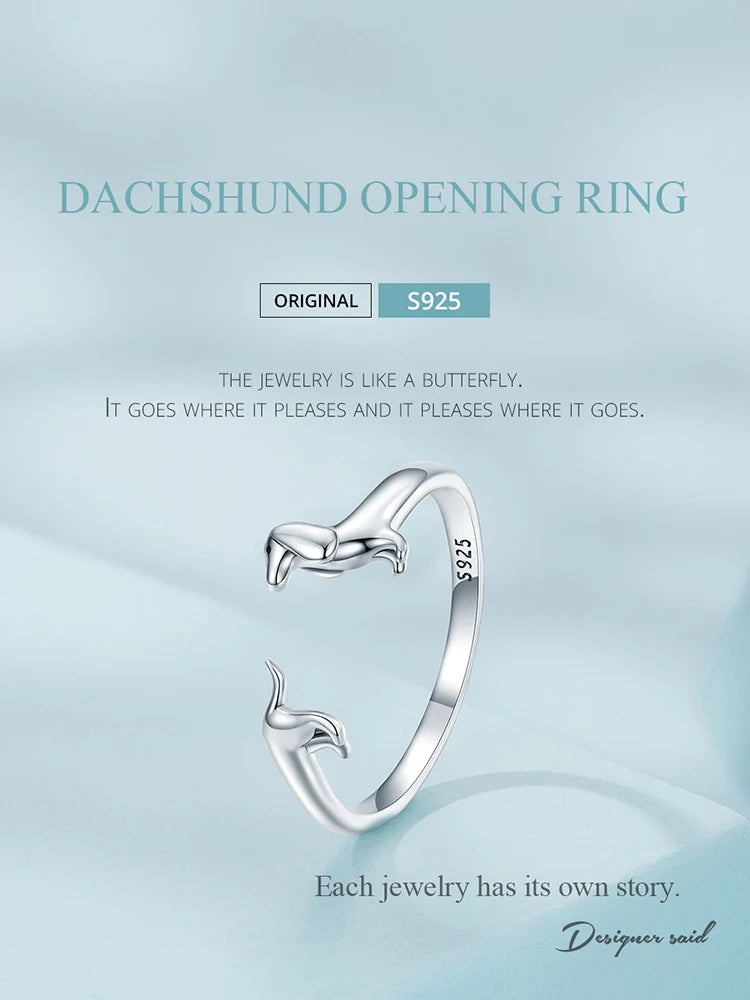 925 Silver Dachshund Dog Ring, Adjustable Open Band, Animal Jewellery Gift