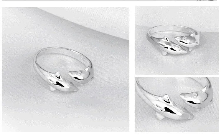 925 Silver Double Dolphin Ring, Adjustable Open Band, Love Gift for Women