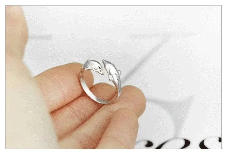 925 Silver Double Dolphin Ring, Adjustable Open Band, Love Gift for Women