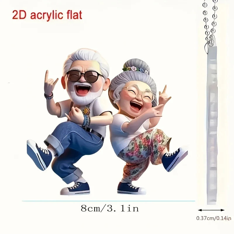 Elderly Couple Acrylic Car Pendant and Keychain, Cute Gift, Rearview Mirror Charm