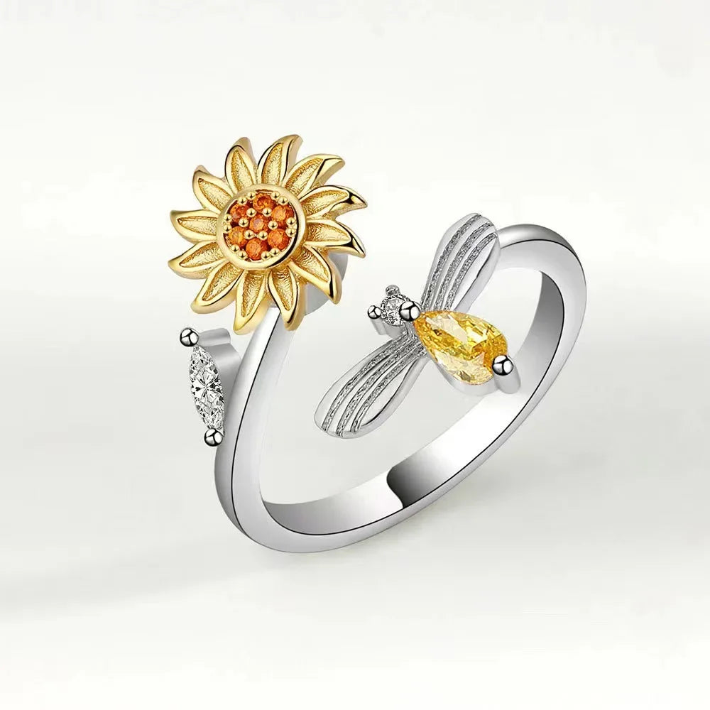 Flower Cubic Zirconia Ring, Adjustable Gold Copper, Party Jewellery for Women