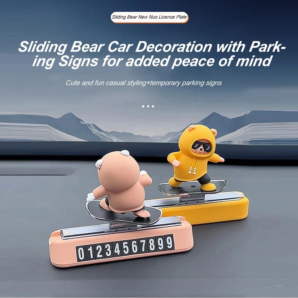 Skateboard Bear Magnetic Parking Number Plate, Cute Car Dashboard Decoration