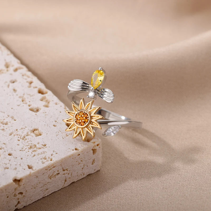 Flower Cubic Zirconia Ring, Adjustable Gold Copper, Party Jewellery for Women