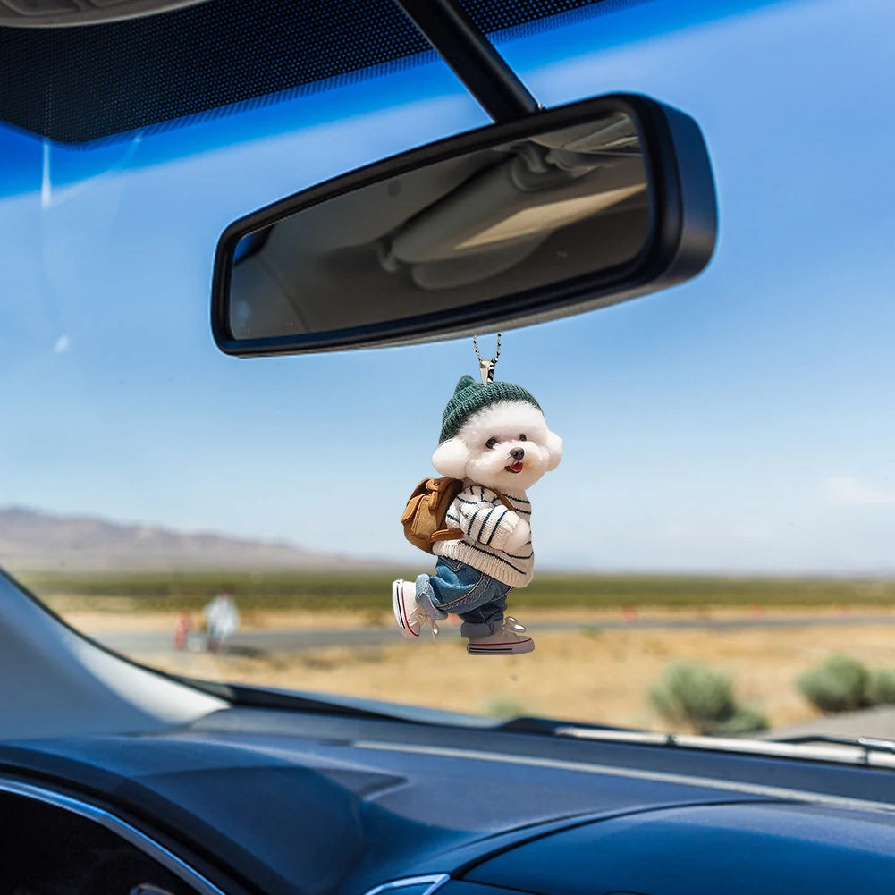 Puppy with Backpack Acrylic Car Pendant, Cute Rearview Mirror Charm