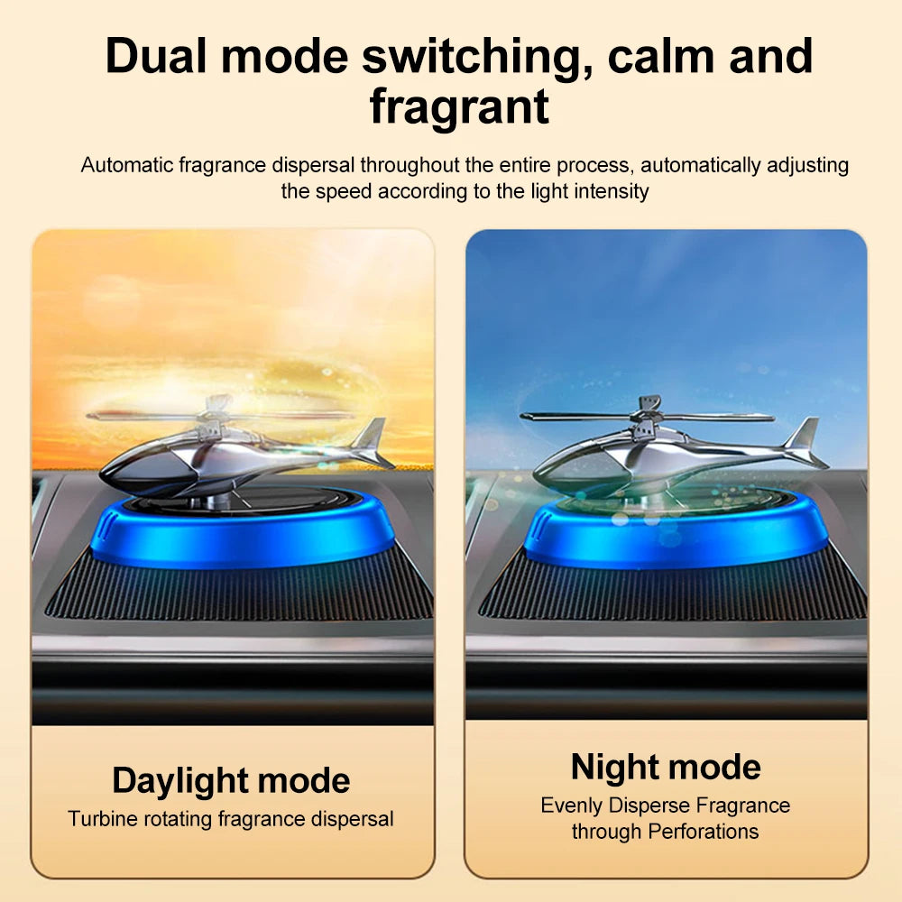 Solar Helicopter Car Air Freshener, Rotating Alloy Ornament and Aroma Diffuser