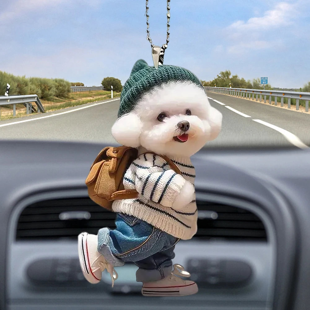 Puppy with Backpack Acrylic Car Pendant, Cute Rearview Mirror Charm