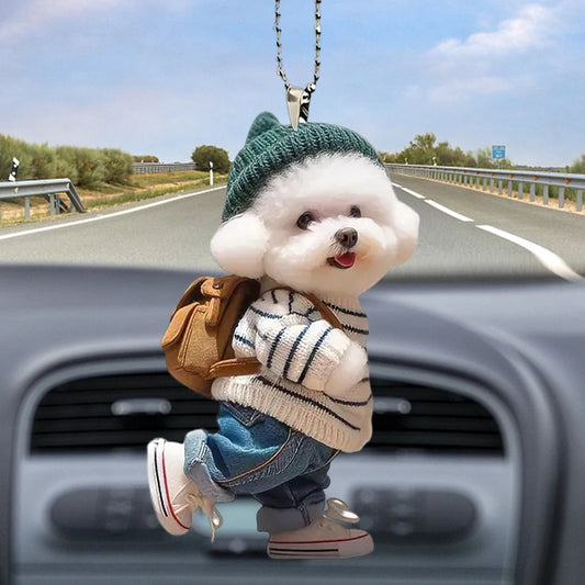 Puppy with Backpack Acrylic Car Pendant, Cute Rearview Mirror Charm
